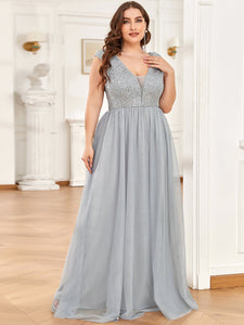 Color=Grey | Glamorous Sleeveless A Line Wholesale Evening Dresses with Deep V Neck-Grey 1