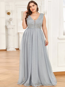 Color=Grey | Glamorous Sleeveless A Line Wholesale Evening Dresses with Deep V Neck-Grey 4