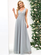 Load image into Gallery viewer, Color=Grey | Glamorous Sleeveless A Line Wholesale Evening Dresses with Deep V Neck-Grey 1