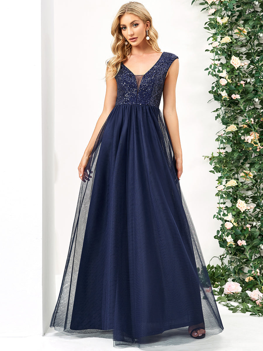 Color=Navy Blue | Glamorous Sleeveless A Line Wholesale Evening Dresses with Deep V Neck-Navy Blue 1