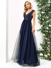 Load image into Gallery viewer, Color=Navy Blue | Glamorous Sleeveless A Line Wholesale Evening Dresses with Deep V Neck-Navy Blue 3