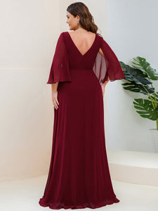Color=Burgundy | V Neck A Line Wholesale Bridesmaid Dresses with Long Ruffles Sleeves-Burgundy 2