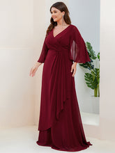 Load image into Gallery viewer, Color=Burgundy | V Neck A Line Wholesale Bridesmaid Dresses with Long Ruffles Sleeves-Burgundy 3