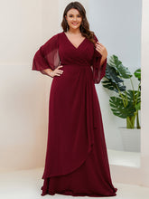 Load image into Gallery viewer, Color=Burgundy | V Neck A Line Wholesale Bridesmaid Dresses with Long Ruffles Sleeves-Burgundy 4