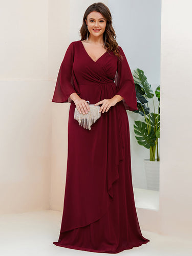 Color=Burgundy | V Neck A Line Wholesale Bridesmaid Dresses with Long Ruffles Sleeves-Burgundy 1