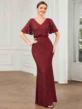 Load image into Gallery viewer, Color=Burgundy | Short Ruffles Sleeves A Line Wholesale Evening Dresses with V Neck-Burgundy 1
