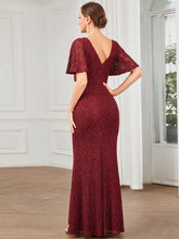 Load image into Gallery viewer, Color=Burgundy | Short Ruffles Sleeves A Line Wholesale Evening Dresses with V Neck-Burgundy 2