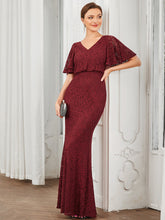 Load image into Gallery viewer, Color=Burgundy | Short Ruffles Sleeves A Line Wholesale Evening Dresses with V Neck-Burgundy 3