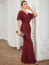 Load image into Gallery viewer, Color=Burgundy | Short Ruffles Sleeves A Line Wholesale Evening Dresses with V Neck-Burgundy 4
