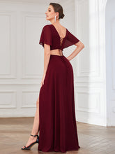 Load image into Gallery viewer, Color=Burgundy | Round Neck A Line Ruffles Sleeves Split Wholesale Bridesmaid Dresses-Burgundy 2