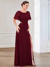 Load image into Gallery viewer, Color=Burgundy | Round Neck A Line Ruffles Sleeves Split Wholesale Bridesmaid Dresses-Burgundy 3