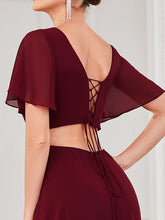 Load image into Gallery viewer, Color=Burgundy | Round Neck A Line Ruffles Sleeves Split Wholesale Bridesmaid Dresses-Burgundy 6