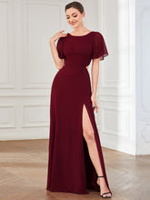 Load image into Gallery viewer, Color=Burgundy | Round Neck A Line Ruffles Sleeves Split Wholesale Bridesmaid Dresses-Burgundy 1