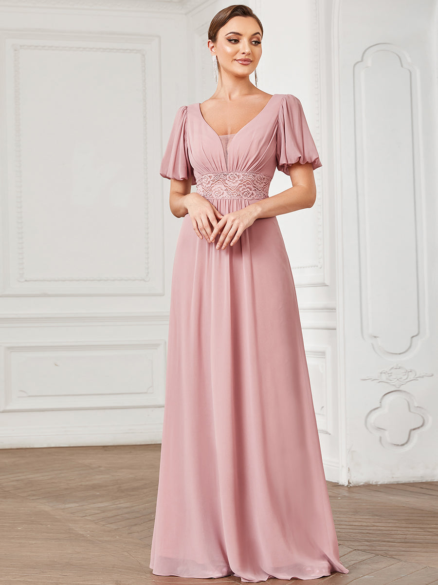 Color=Dusty Rose | V Neck A Line Wholesale Bridesmaid Dresses with Short Ruffles Sleeves-Dusty Rose 1