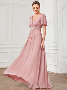 Color=Dusty Rose | V Neck A Line Wholesale Bridesmaid Dresses with Short Ruffles Sleeves-Dusty Rose 3