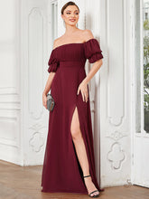 Load image into Gallery viewer, Color=Burgundy | Off Shoulders Short Puff Sleeves Split Wholesale Evening Dresses-Burgundy 3
