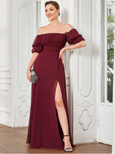 Load image into Gallery viewer, Color=Burgundy | Off Shoulders Short Puff Sleeves Split Wholesale Evening Dresses-Burgundy 4