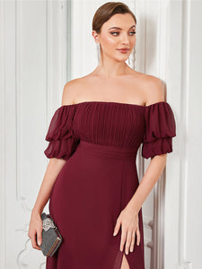 Color=Burgundy | Off Shoulders Short Puff Sleeves Split Wholesale Evening Dresses-Burgundy 5