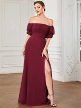 Load image into Gallery viewer, Color=Burgundy | Off Shoulders Short Puff Sleeves Split Wholesale Evening Dresses-Burgundy 1