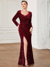 Load image into Gallery viewer, Color=Burgundy | Shiny Long Sleeves Sweetheart Neck Fishtail Wholesale Evening Dresses-Burgundy 3