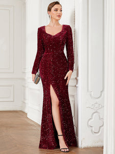 Color=Burgundy | Shiny Long Sleeves Sweetheart Neck Fishtail Wholesale Evening Dresses-Burgundy 4
