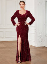 Load image into Gallery viewer, Color=Burgundy | Shiny Long Sleeves Sweetheart Neck Fishtail Wholesale Evening Dresses-Burgundy 1