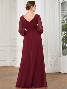 Color=Burgundy | Deep V Neck Long Bishop Sleeves A Line Wholesale Evening Dresses-Burgundy 2