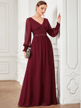 Load image into Gallery viewer, Color=Burgundy | Deep V Neck Long Bishop Sleeves A Line Wholesale Evening Dresses-Burgundy 3
