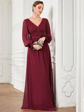 Load image into Gallery viewer, Color=Burgundy | Deep V Neck Long Bishop Sleeves A Line Wholesale Evening Dresses-Burgundy 4