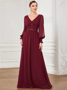 Color=Burgundy | Deep V Neck Long Bishop Sleeves A Line Wholesale Evening Dresses-Burgundy 1