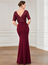 Load image into Gallery viewer, Color=Burgundy | Round Neck Fishtail Wholesale Evening Dresses with Half Sleeves-Burgundy 2