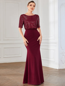 Color=Burgundy | Round Neck Fishtail Wholesale Evening Dresses with Half Sleeves-Burgundy 4