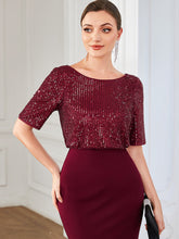 Load image into Gallery viewer, Color=Burgundy | Round Neck Fishtail Wholesale Evening Dresses with Half Sleeves-Burgundy 5