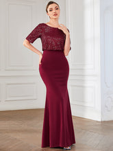 Load image into Gallery viewer, Color=Burgundy | Round Neck Fishtail Wholesale Evening Dresses with Half Sleeves-Burgundy 1