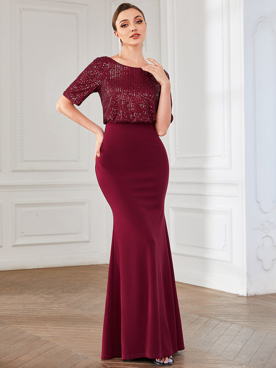 Color=Burgundy | Round Neck Fishtail Wholesale Evening Dresses with Half Sleeves-Burgundy 1