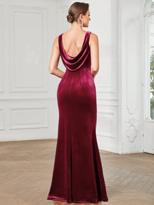 Color=Burgundy | Deep V Neck A Line Sleeveless Drape Back Wholesale Evening Dresses-Burgundy 2