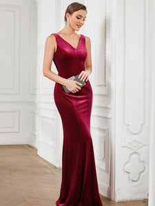 Color=Burgundy | Deep V Neck A Line Sleeveless Drape Back Wholesale Evening Dresses-Burgundy 3