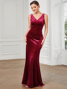 Color=Burgundy | Deep V Neck A Line Sleeveless Drape Back Wholesale Evening Dresses-Burgundy 4