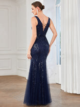 Load image into Gallery viewer, Color=Navy Blue | Sleeveless A Line Deep V Neck Floor Length Wholesale Evening Dresses-Navy Blue 2