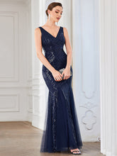 Load image into Gallery viewer, Color=Navy Blue | Sleeveless A Line Deep V Neck Floor Length Wholesale Evening Dresses-Navy Blue 4