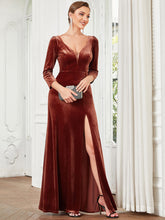 Load image into Gallery viewer, Color=brick-red | Shiny Long Sleeves Deep V Neck A Line Wholesale Evening Dresses-brick-red 4
