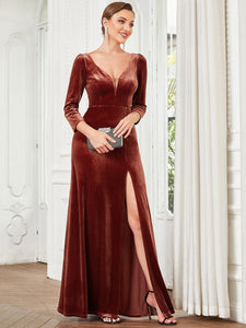 Color=brick-red | Shiny Long Sleeves Deep V Neck A Line Wholesale Evening Dresses-brick-red 4