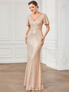 Color=Rose Gold | Shiny V Neck A Line Short Ruffles Sleeves Wholesale Evening Dresses-Rose Gold 3