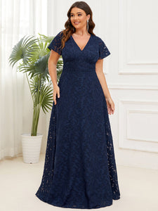 Color=Navy Blue | Deep V Neck A Line Short Ruffles Sleeves Wholesale Evening Dresses-Navy Blue 5