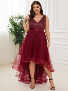 Color=Burgundy | Sparkling Wholesale Evening Dresses with Asymmetrical Hem Deep V Neck-Burgundy 1