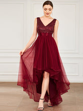 Load image into Gallery viewer, Color=Burgundy | Sparkling Wholesale Evening Dresses with Asymmetrical Hem Deep V Neck-Burgundy 1