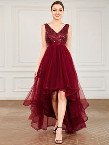 Color=Burgundy | Sparkling Wholesale Evening Dresses with Asymmetrical Hem Deep V Neck-Burgundy 4