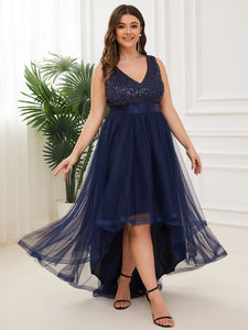 Color=Navy Blue | Sparkling Wholesale Evening Dresses with Asymmetrical Hem Deep V Neck-Navy Blue 1