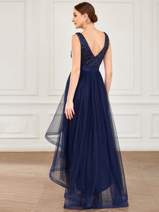 Color=Navy Blue | Sparkling Wholesale Evening Dresses with Asymmetrical Hem Deep V Neck-Navy Blue 2