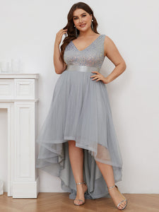 Color=Silver | Sparkling Wholesale Evening Dresses with Asymmetrical Hem Deep V Neck-Silver 3